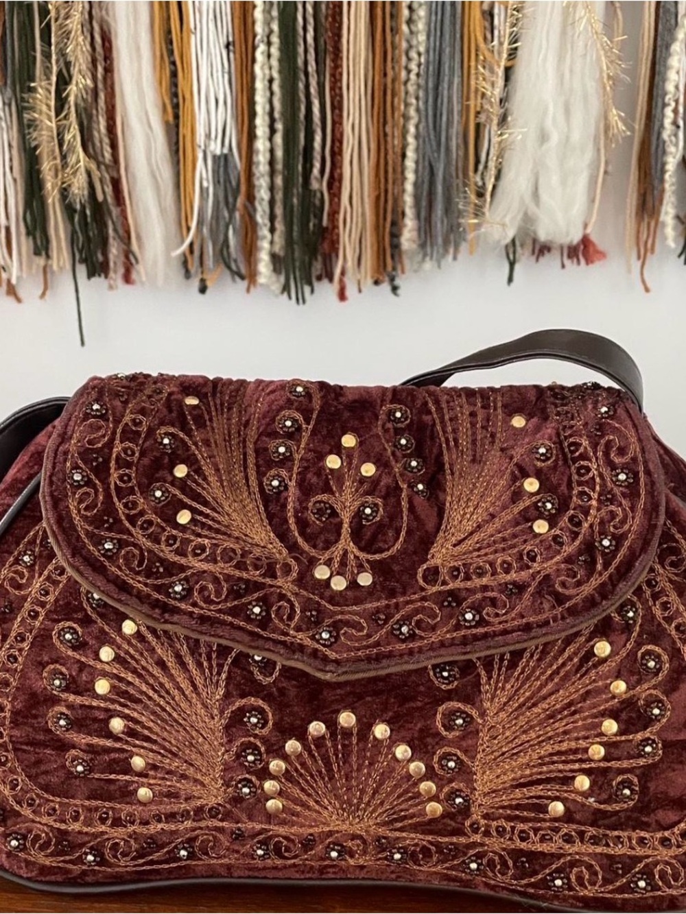 Embroidered Velvet Shoulder Bag in Deep Burgundy